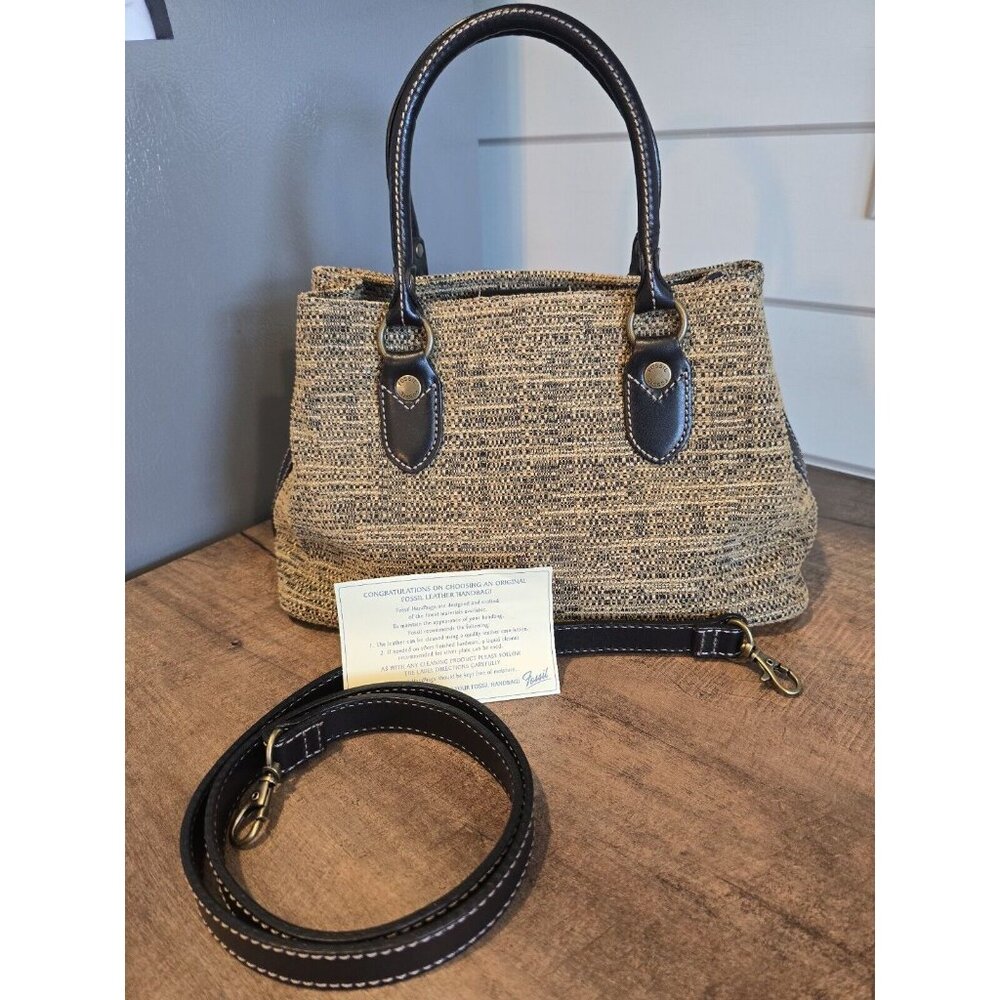 Fossil Tweed Bag Black/Brown Purse Detachable Shoulder Strap Included authentic
